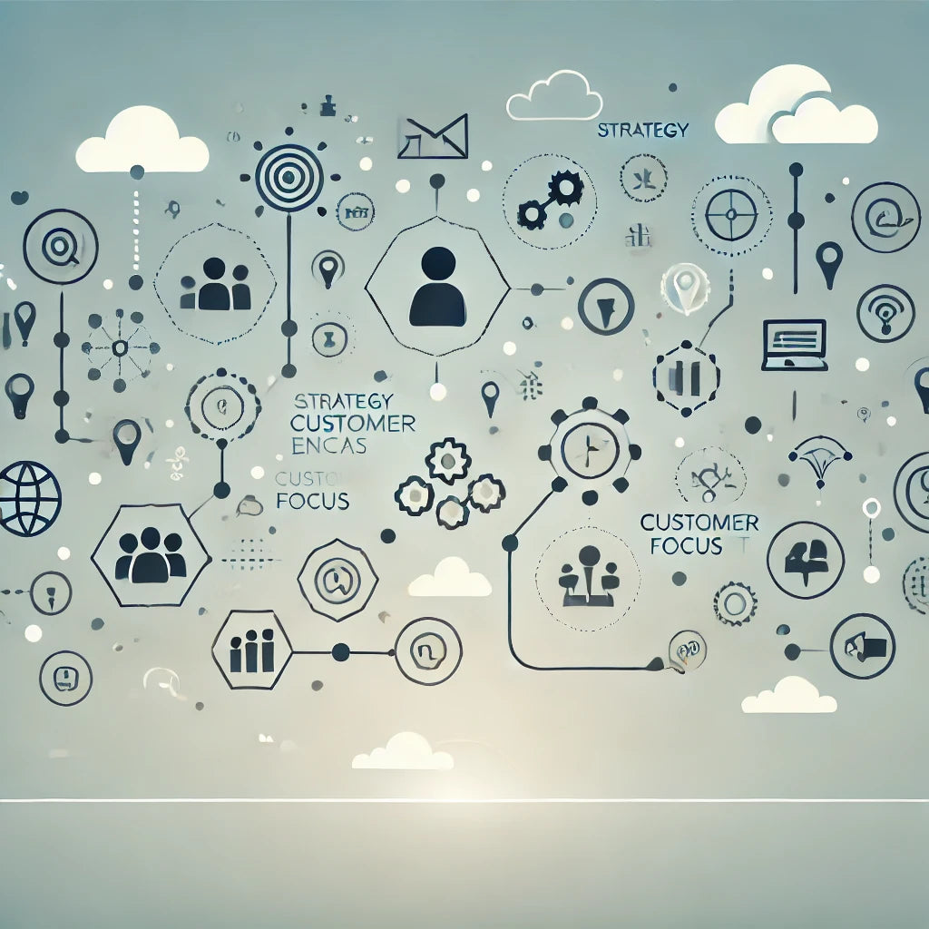 Modern, minimalist illustration symbolizing business growth through a balanced approach of strategy, technology, and customer focus. Interconnected icons represent growth, innovation, and customer engagement on a clean background, emphasizing Robin Lee Innovations' mission-driven, tech-enabled, and customer-centric approach.