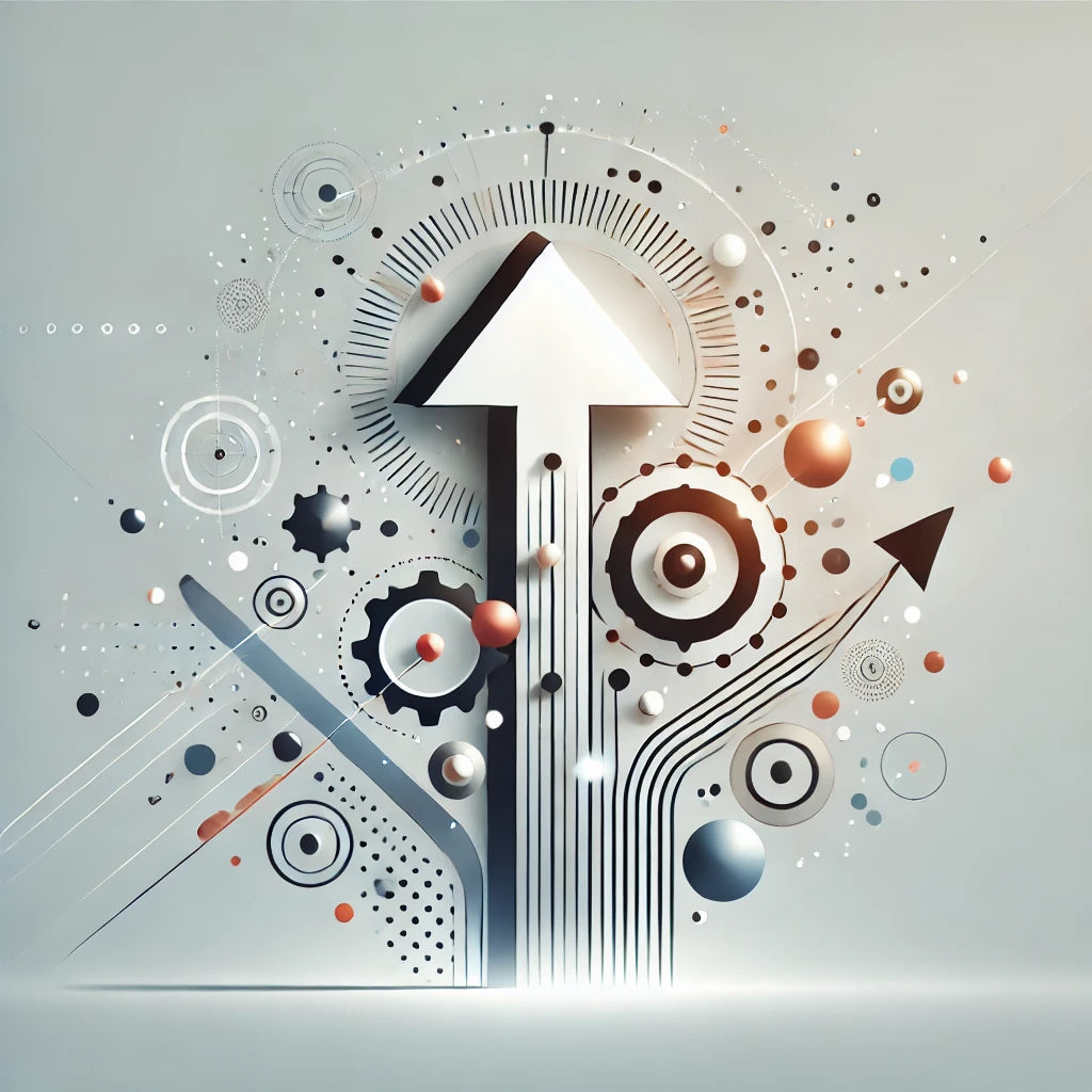 Minimalist illustration symbolizing growth and empowerment through strategic alignment and technology integration. Abstract shapes and lines convey momentum, teamwork, and progress, with a focus on upward movement representing business growth and alignment.