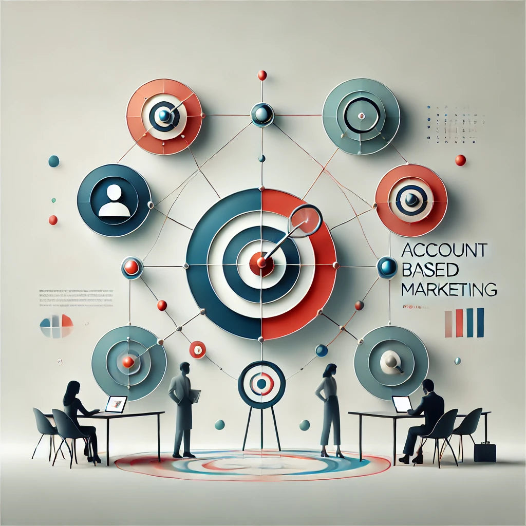 Modern minimalist illustration representing Account-Based Marketing strategies tailored for high-value customer engagement, showing a streamlined path to convert target accounts into long-term clients for revenue growth.