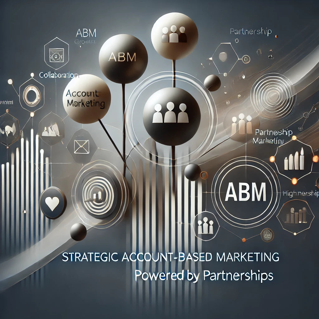 Minimalist graphic illustrating strategic account-based marketing (ABM) powered by partnerships; emphasizes collaboration, targeted growth, and strong connections, reflecting Robin Lee Innovations' expertise in advanced ABM solutions for impactful, sustainable business growth.