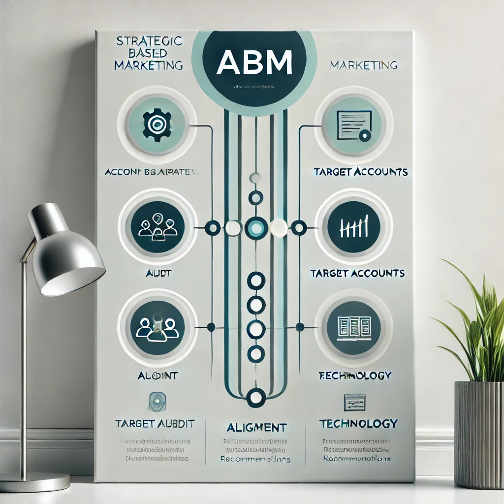 Vertical minimalist graphic illustrating a comprehensive Account-Based Marketing (ABM) strategy, emphasizing alignment of strategy, teams, and technology for scalable success. Ideal for showcasing Robin Lee Innovations' expertise in delivering a structured ABM blueprint to drive targeted customer engagement and revenue growth.