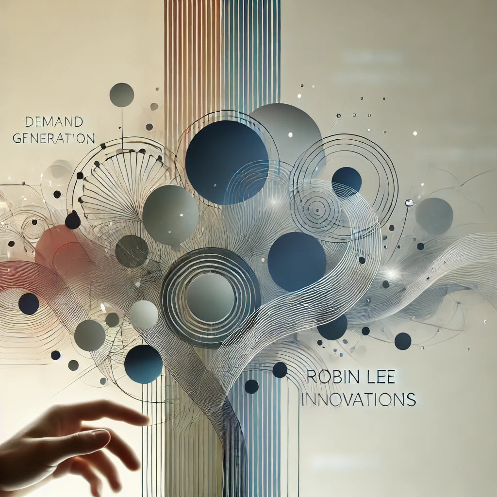 Modern minimalist illustration representing demand generation strategies for customer attraction, conversion, and retention at scale. Optimized for tech-enabled marketing solutions, this graphic aligns with Robin Lee Innovations' expertise in driving impactful, scalable growth through demand generation.