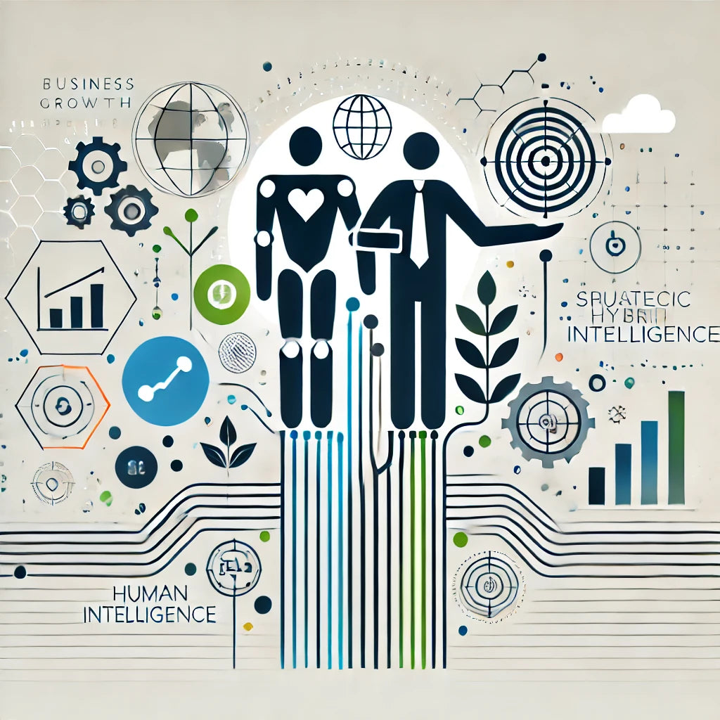 Minimalist illustration symbolizing business growth through hybrid intelligence, with abstract elements representing the synergy of AI technology and human expertise driving innovation and scalable success.