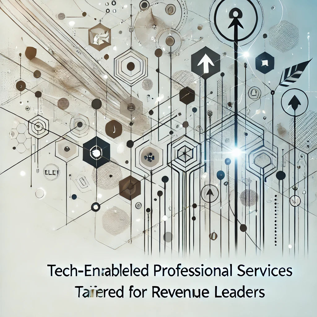 Modern, minimalist illustration showcasing tech-enabled professional services for revenue growth. The design represents streamlined systems and interconnected strategies, emphasizing alignment, scalability, and growth for revenue-driven leaders.