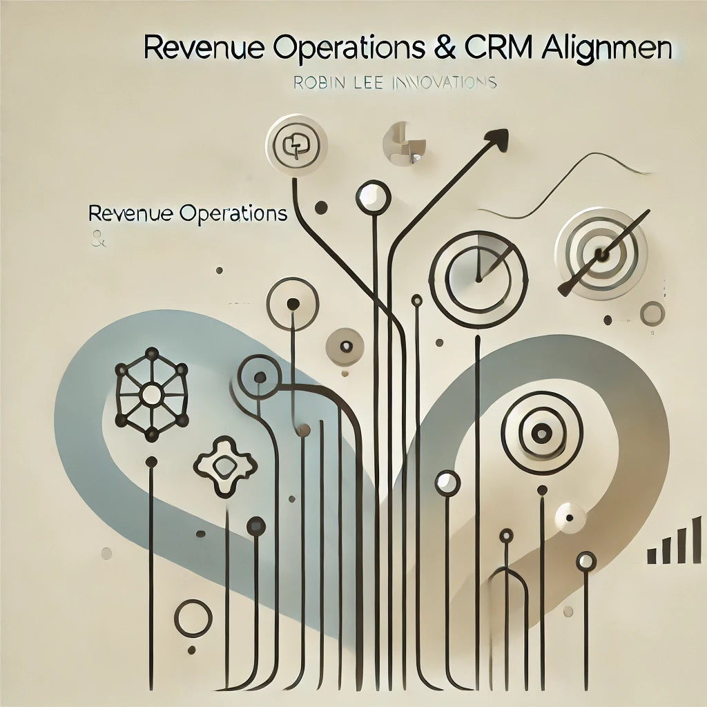 Modern minimalist illustration for Revenue Operations & CRM Alignment showcasing streamlined operations, increased automation, and data-driven decision-making for enhanced business growth. Represents Robin Lee Innovations' CRM strategy and consulting expertise.