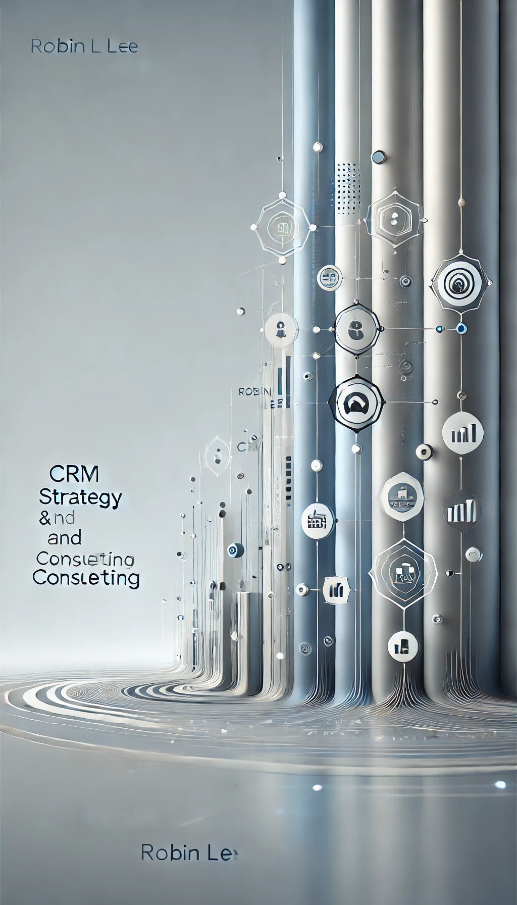 Minimalist, vertically-oriented website graphic for the CRM Strategy and Consulting page at Robin Lee Innovations, featuring sleek, interconnected tech symbols and subtle network nodes in blue, gray, and white hues, representing alignment, growth, and strategic CRM solutions.