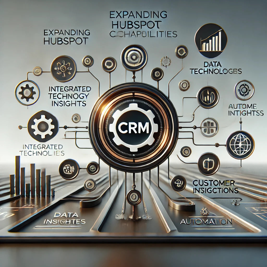 Minimalist graphic representing CRM integration and technology alignment, illustrating interconnected data, automation, and customer engagement for optimized business growth.