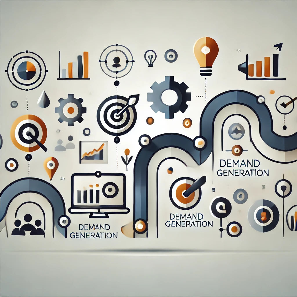 Minimalist graphic illustrating demand generation solutions for business growth, highlighting automated lead generation, team alignment, and revenue acceleration. This Robin Lee Innovations image conveys streamlined processes and impactful demand generation strategies tailored for scalable success.