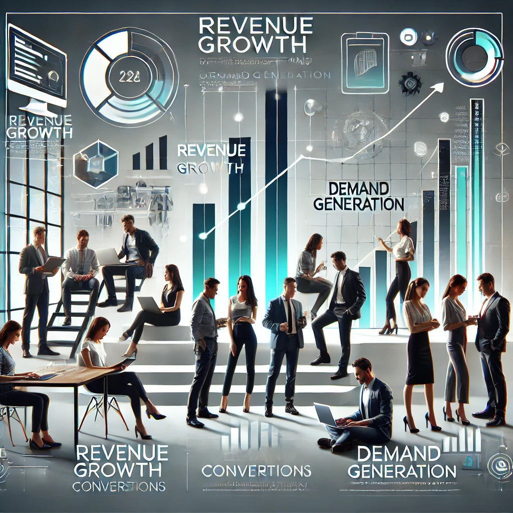 Modern, minimalist illustration depicting collaborative professionals working together on demand generation strategies for revenue growth. Ideal for showcasing Robin Lee Innovations' expert solutions in driving targeted, efficient marketing and sales campaigns with a focus on customer success.
