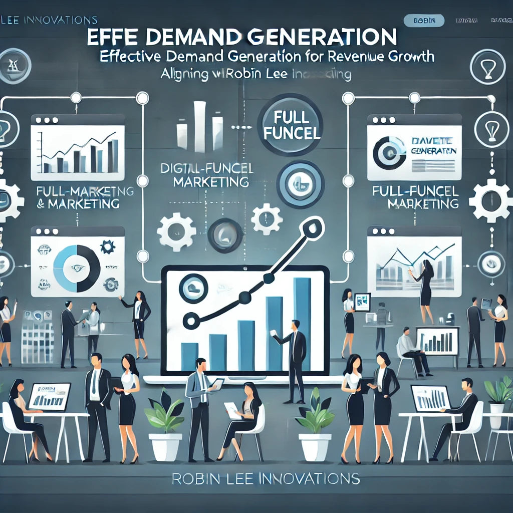 Modern, minimalist graphic illustrating full-funnel demand generation strategy for driving revenue growth, showcasing collaboration between marketing and sales teams to engage customers across every stage of their journey.