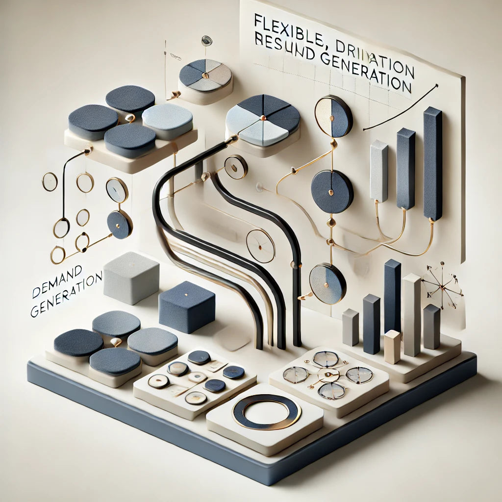 Modern minimalist graphic illustrating a flexible, results-driven demand generation framework for business growth. Designed to convey adaptability, strategic alignment, and performance optimization, this image reflects Robin Lee Innovations' commitment to helping businesses achieve scalable, targeted growth through tailored demand generation strategies.