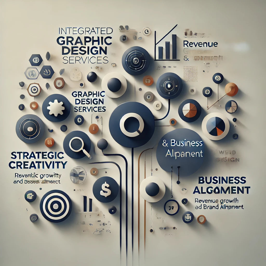 Strategic Graphic Design Solutions for Business Growth – A minimalist, modern graphic illustrating integrated design services that enhance brand presence, capture audience attention, and support revenue goals through cohesive visual assets for ads, content, and branded materials.