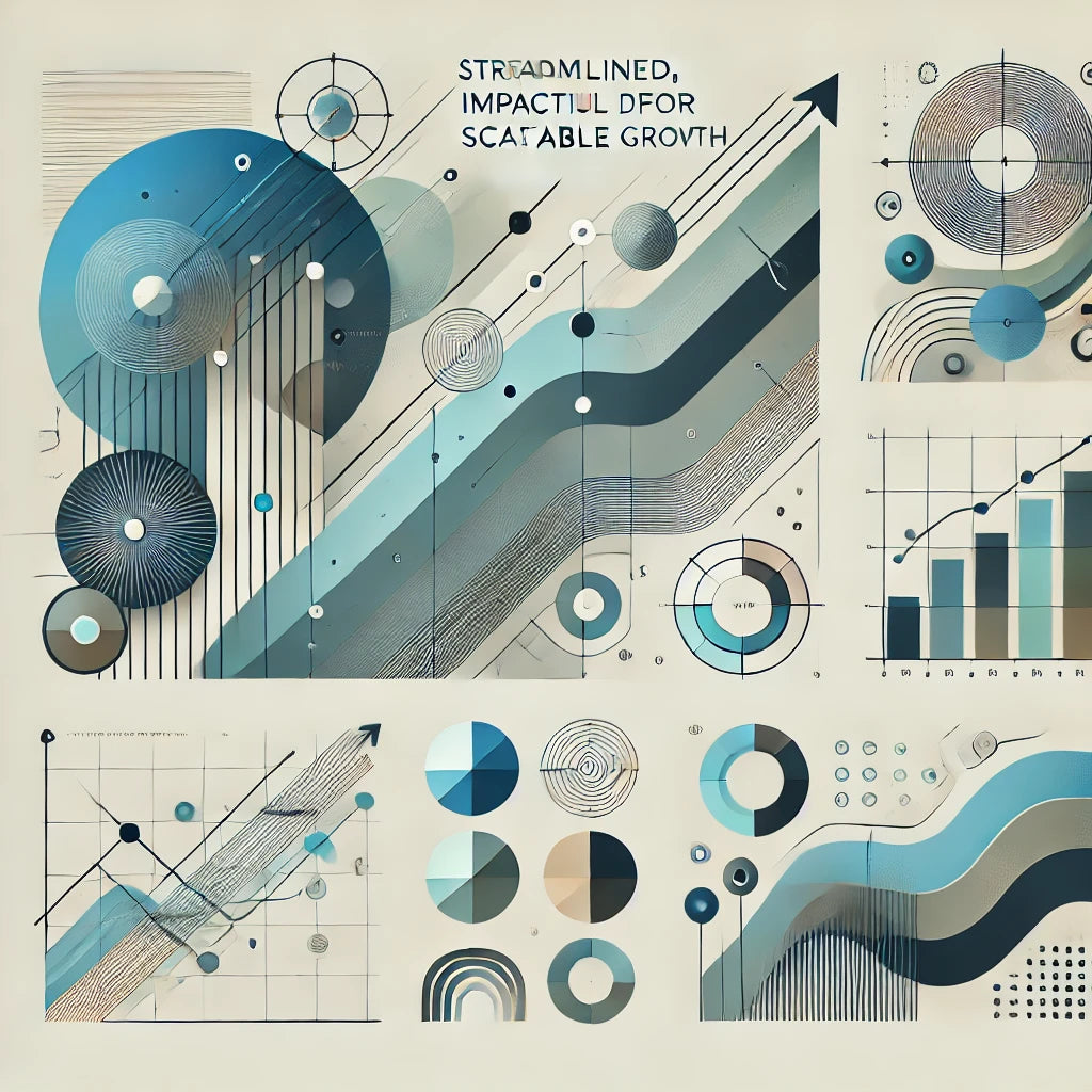 Minimalist graphic illustrating streamlined, impactful design for scalable growth, with abstract shapes symbolizing efficiency, expansion, and seamless brand integration, aligned with Robin Lee Innovations' focus on creating scalable, user-centric experiences.