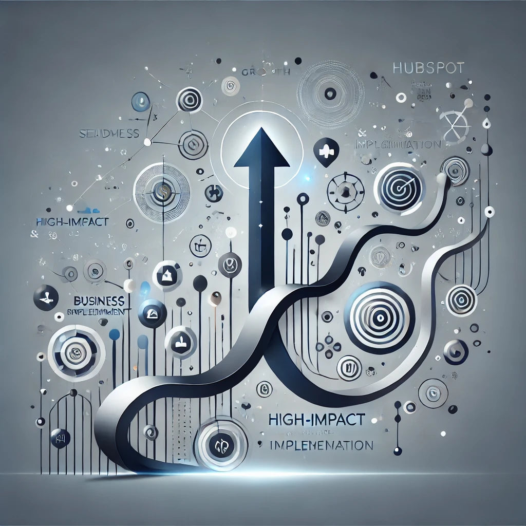 A modern, minimalist graphic representing seamless and high-impact HubSpot implementation for business growth. The design uses interconnected flow lines and abstract nodes to illustrate integration, efficiency, and scalability within a business system. Subtle gradients and upward arrows suggest growth and acceleration, aligning with a high-tech, professional aesthetic.