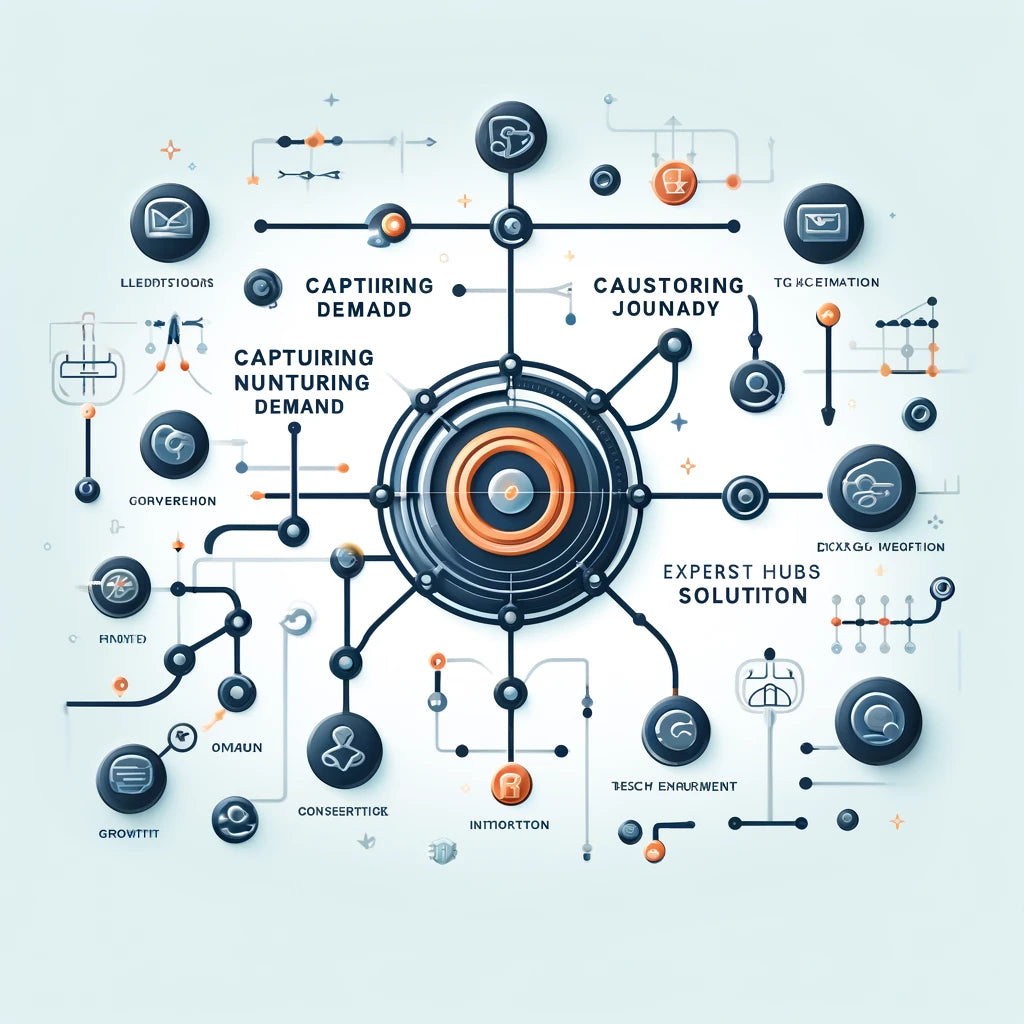 Minimalist illustration showcasing Robin Lee Innovations' expertise in capturing and nurturing demand with HubSpot solutions. Designed to highlight the seamless integration and strategic use of HubSpot's platform for enhanced buyer engagement and customer journey optimization.