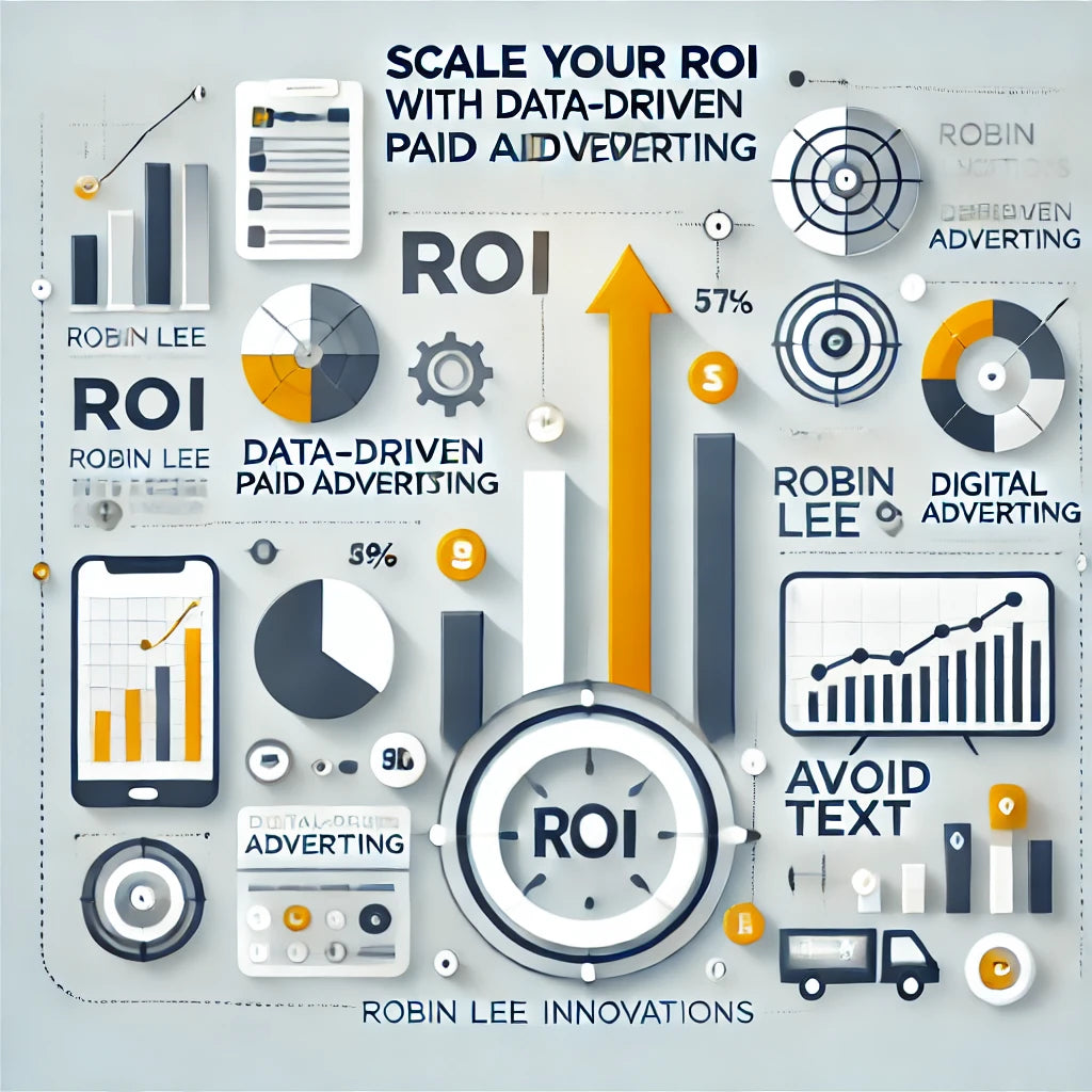 Minimalist graphic illustrating data-driven paid advertising strategies, showcasing scalable ROI growth through optimized campaigns tailored for high-fit leads and quality conversions. Reflects Robin Lee Innovations' expertise in maximizing ad spend efficiency.