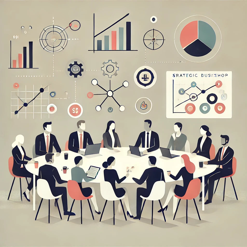 Modern, minimalist illustration depicting a strategic business workshop, emphasizing collaboration, alignment, and growth. Ideal for showcasing how Robin Lee Innovations' expert-led workshops unite stakeholders, align goals, and fuel accelerated growth.