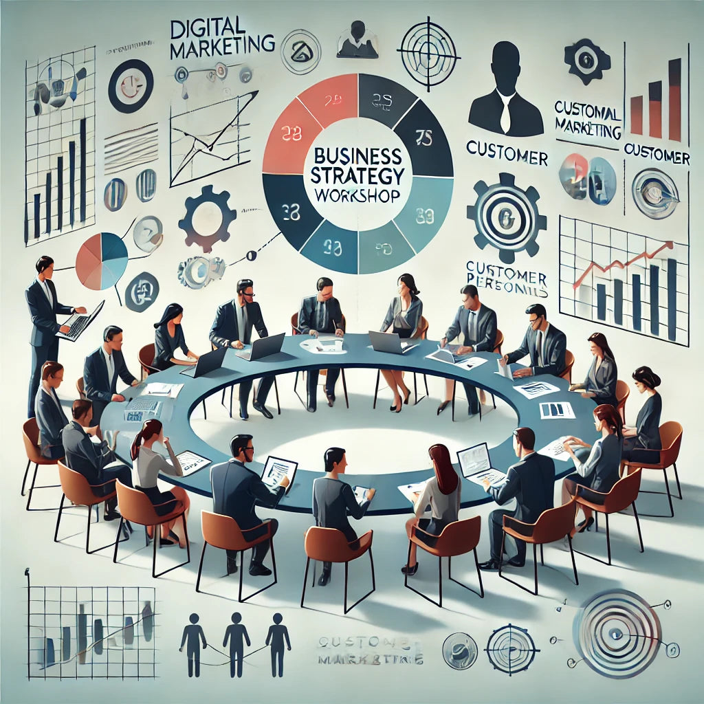 A modern, minimalist illustration depicting a collaborative business strategy workshop. Diverse professionals gather around a large circular table, engaging with charts, graphs, and digital devices to symbolize alignment, strategic planning, and growth. In the background, subtle icons and visual elements represent digital marketing, customer personas, and revenue-focused planning, creating a cohesive and professional atmosphere for a unified growth strategy.