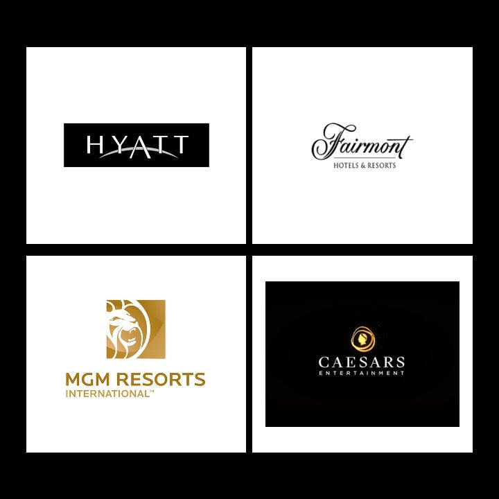 Logos of Hyatt, Fairmont Hotel & Resorts, MGM Resorts International, and Caesars Entertainment