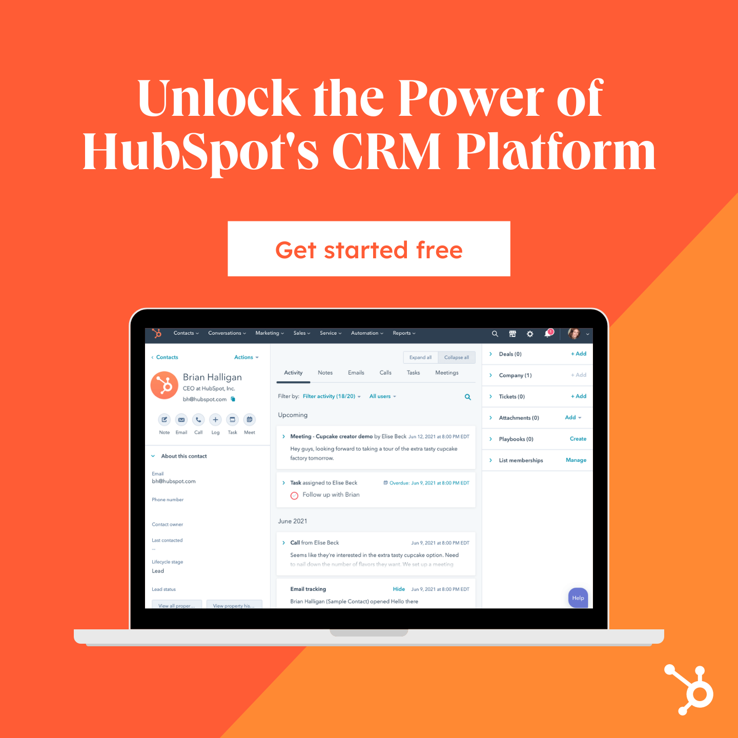 HubSpot graphic that says "Unlock the Power of HubSpot's CRM Platform: Get Started Free" featuring an image of a laptop screen showing the HubSpot CRM software