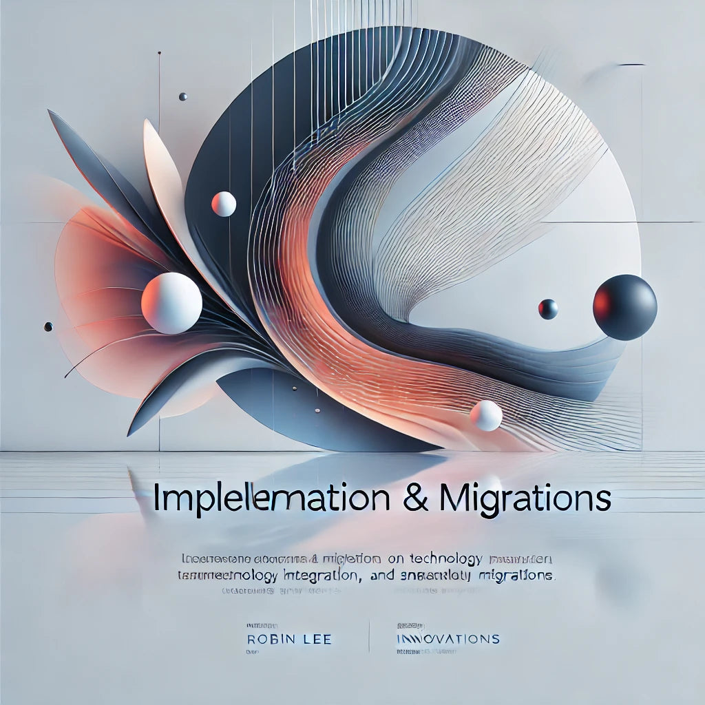 Minimalist website image for Robin Lee Innovations' Implementation & Migrations section, featuring flowing abstract shapes symbolizing seamless HubSpot CRM implementations, smooth migrations, and simplified technology integration. The design highlights ease of use and efficient processes for scaling businesses.