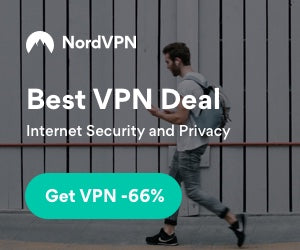 NordVPN promotional image with text that says "NordVPN. Best VPN Deal. internet Security and Privacy. Get VPN -665". Background image of a casually dressed person with a backpack walking outside.