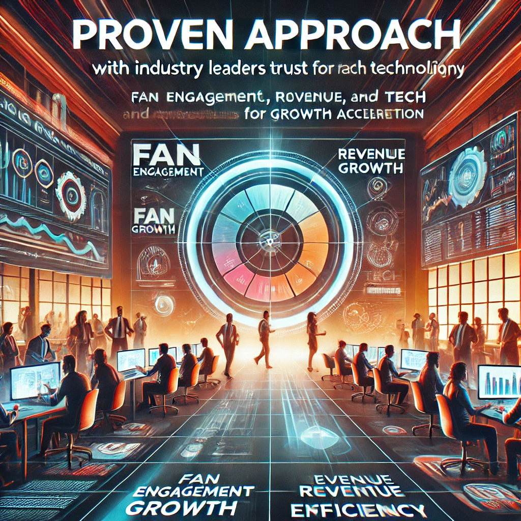 Professional website graphic for Robin Lee Innovations, highlighting a proven approach to fan revenue growth, operational efficiency, and industry trust. The design features a diverse team using advanced technology to align people, processes, and tech for accelerated growth. Vibrant visuals convey flexibility, agility, and a tailored methodology, aligning with Robin Lee Innovations' commitment to empowering leaders in the entertainment industry.