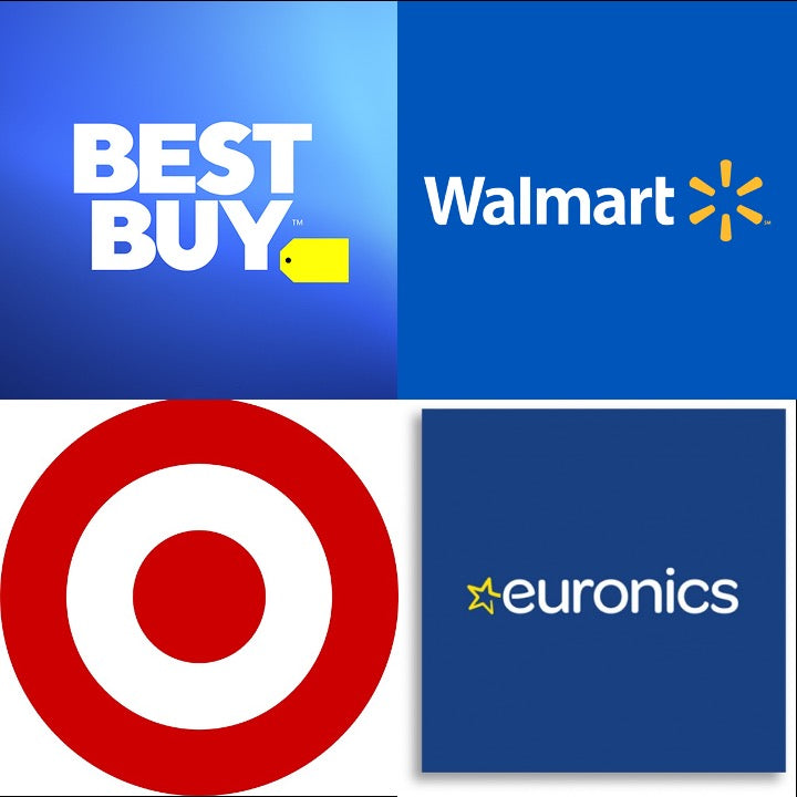 Logos of Best Buy, Walmart, Target, and Euronics