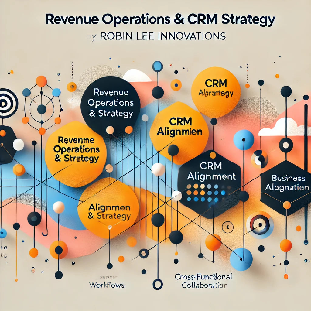 Minimalist website image for Robin Lee Innovations' Revenue Operations & CRM Strategy section, depicting interconnected shapes that symbolize optimized workflows, seamless CRM alignment, and enhanced cross-functional collaboration. This visual highlights efficient tech integration and streamlined operations to support business growth.