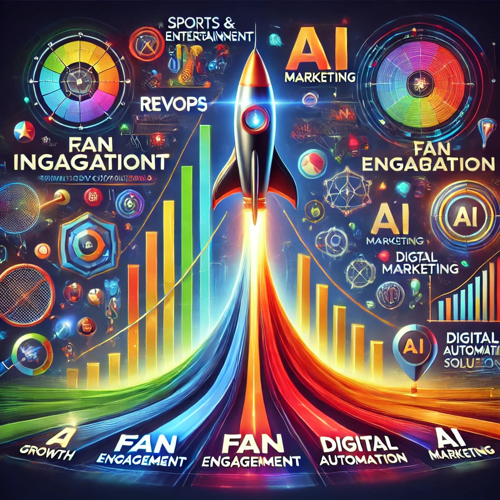 Modern graphic for Robin Lee Innovations' homepage showcasing AI-driven marketing solutions for the sports and entertainment industries. The design features a central growth curve symbolizing success, surrounded by service areas including RevOps, Integrations, Fan Engagement, Digital Automation, and AI Marketing. Vibrant colors and a sleek, high-tech aesthetic emphasize innovation, growth, and fan engagement.