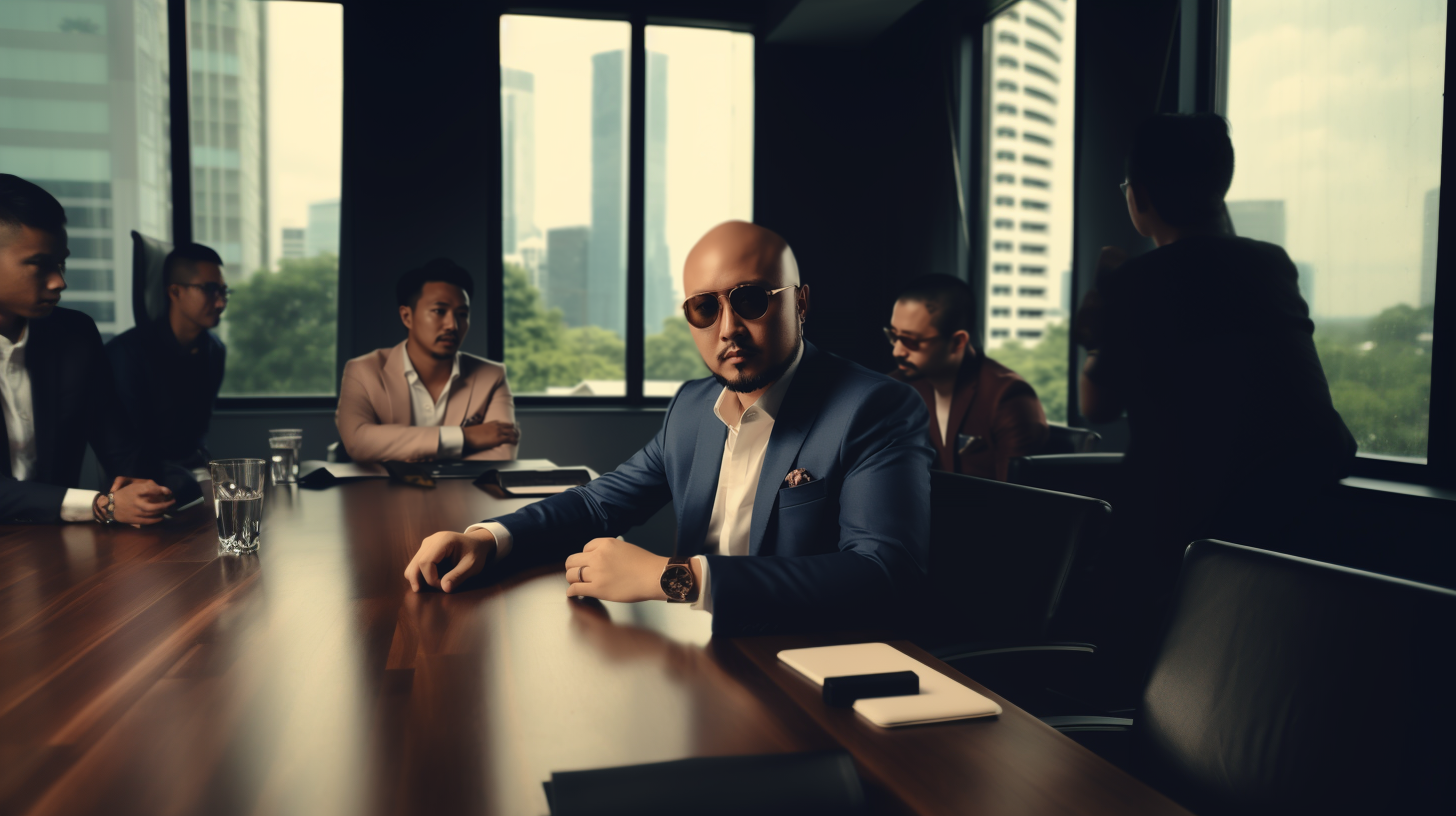 Image of Robin Lee stting at a large conference table with team members sitting around it discussing business growth for a client