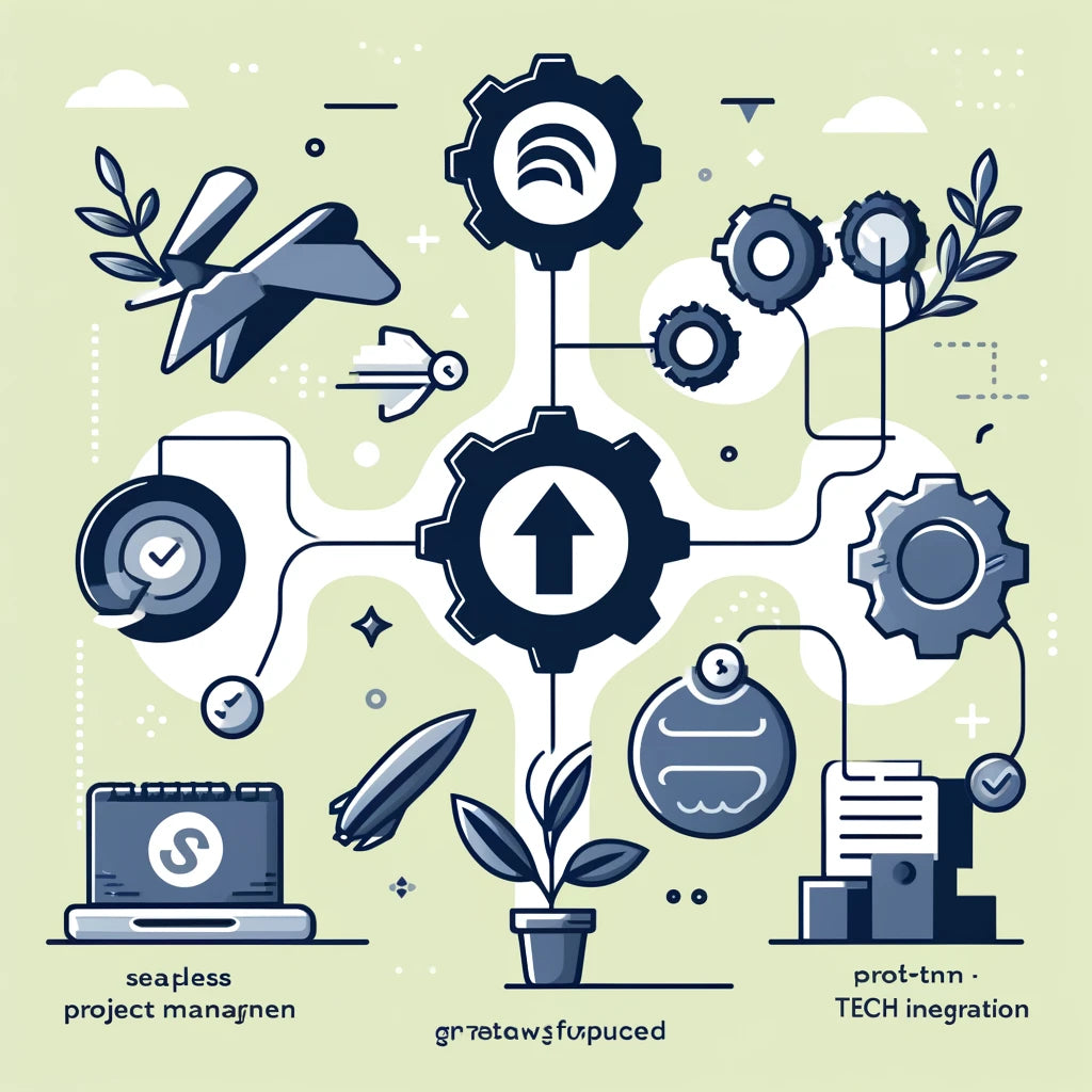 Illustration of seamless Shopify migration, depicting symbols for expert project management, growth-focused tech integration, and SEO optimization, representing a reliable, strategic migration experience with Robin Lee Innovations.