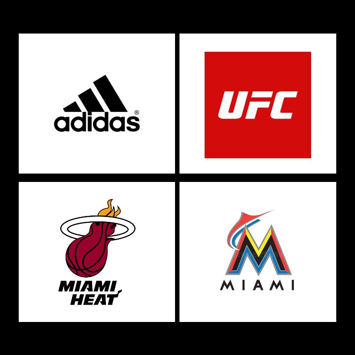 logos of adidas, ufc, Miami Heat, and Miami Marlins