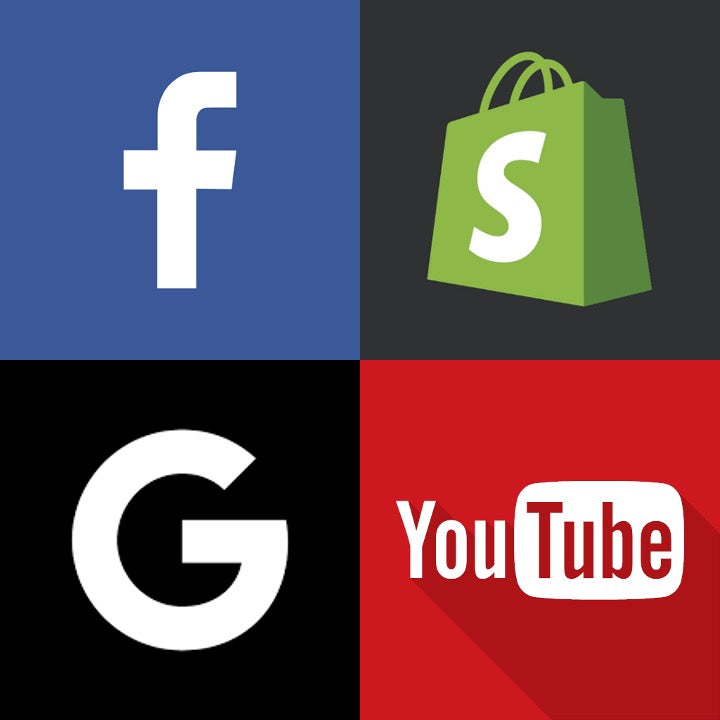 Logos of Facebook, Shopify, Google, and YouTube