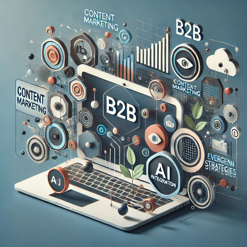 Modern graphic illustrating innovative B2B content marketing strategies with AI integration, representing Robin Lee Innovations' expertise in combining evergreen content and AI-powered solutions to drive engagement and revenue growth.