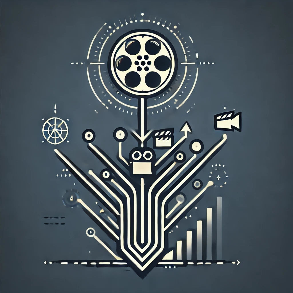 A modern, minimalist illustration representing digital growth in the entertainment industry, featuring a stylized entertainment icon, such as a film reel, seamlessly integrated with abstract lines and arrows symbolizing technological innovation, scalability, and progress. Ideal for highlighting Robin Lee Innovations’ role in empowering entertainment companies through digital transformation and strategic growth solutions.