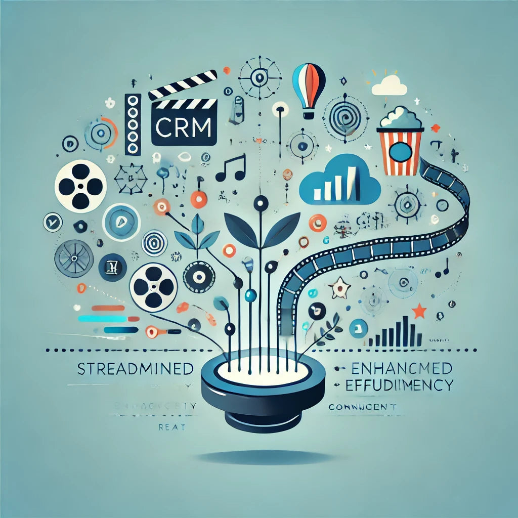 A modern, minimalist illustration symbolizing streamlined CRM and enhanced efficiency in the entertainment industry, featuring interconnected technology elements with subtle symbols representing film, music, and sports. The image conveys growth, connectivity, and optimized processes, appealing to entertainment professionals aiming to improve data integration and customer relationships for increased market reach and operational efficiency.