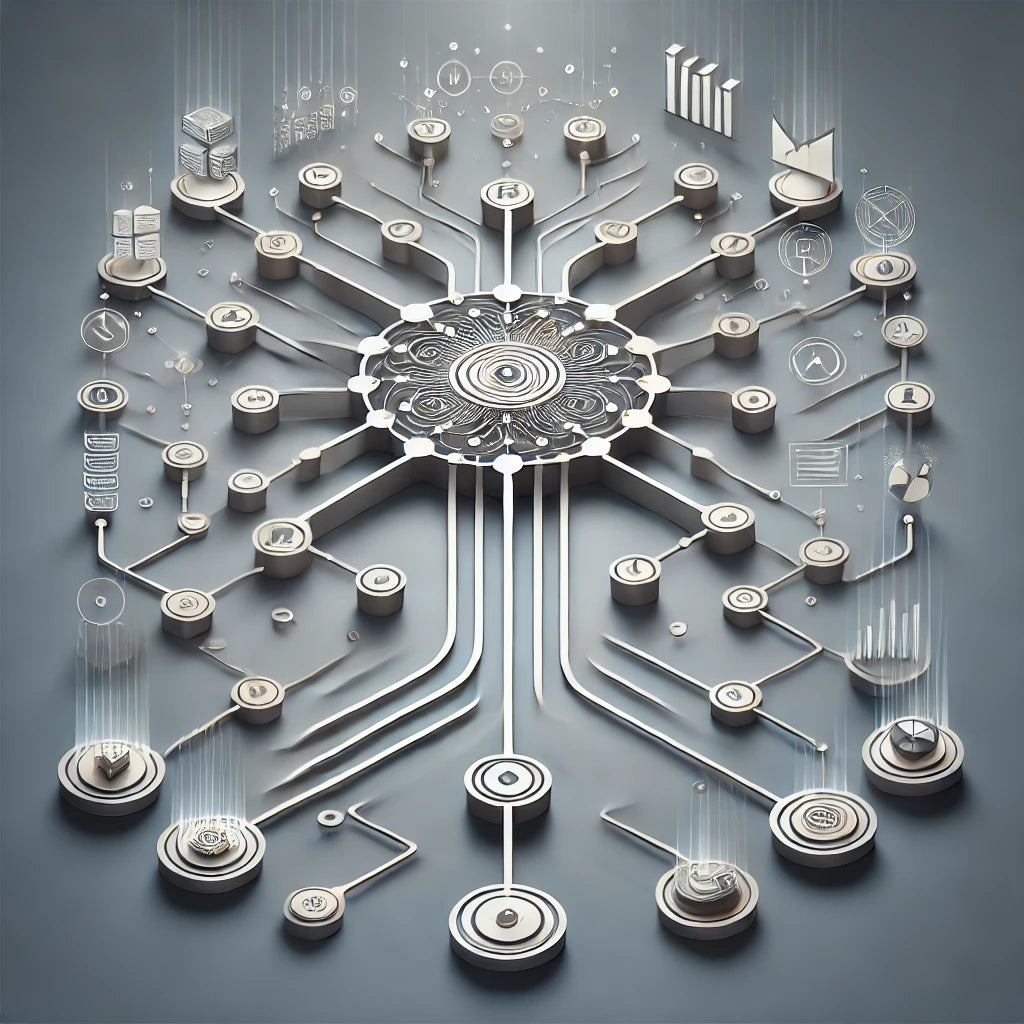 A sleek, minimalist illustration representing unified CRM integrations in the entertainment industry. The design features interconnected nodes and pathways flowing toward a central hub, symbolizing a seamless customer journey and real-time data alignment for enhanced growth and efficiency. The illustration conveys clarity, streamlined processes, and centralized insights for optimal sales and marketing visibility.