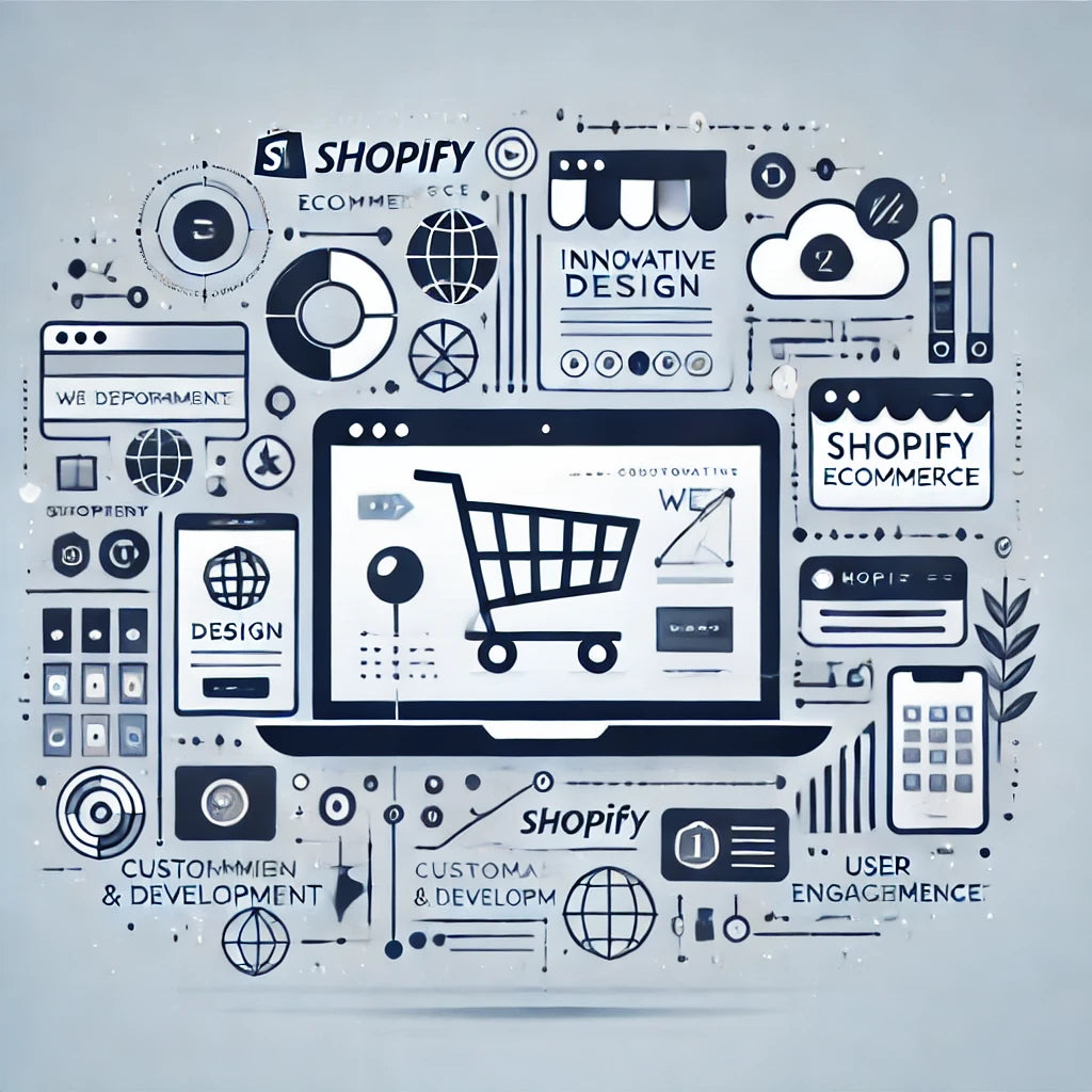 A modern, minimalist illustration symbolizing innovative Shopify web design and development tailored for the entertainment industry, featuring abstract shapes representing ecommerce elements like shopping carts and media icons. The design suggests a focus on user engagement, high performance, and creative customization.