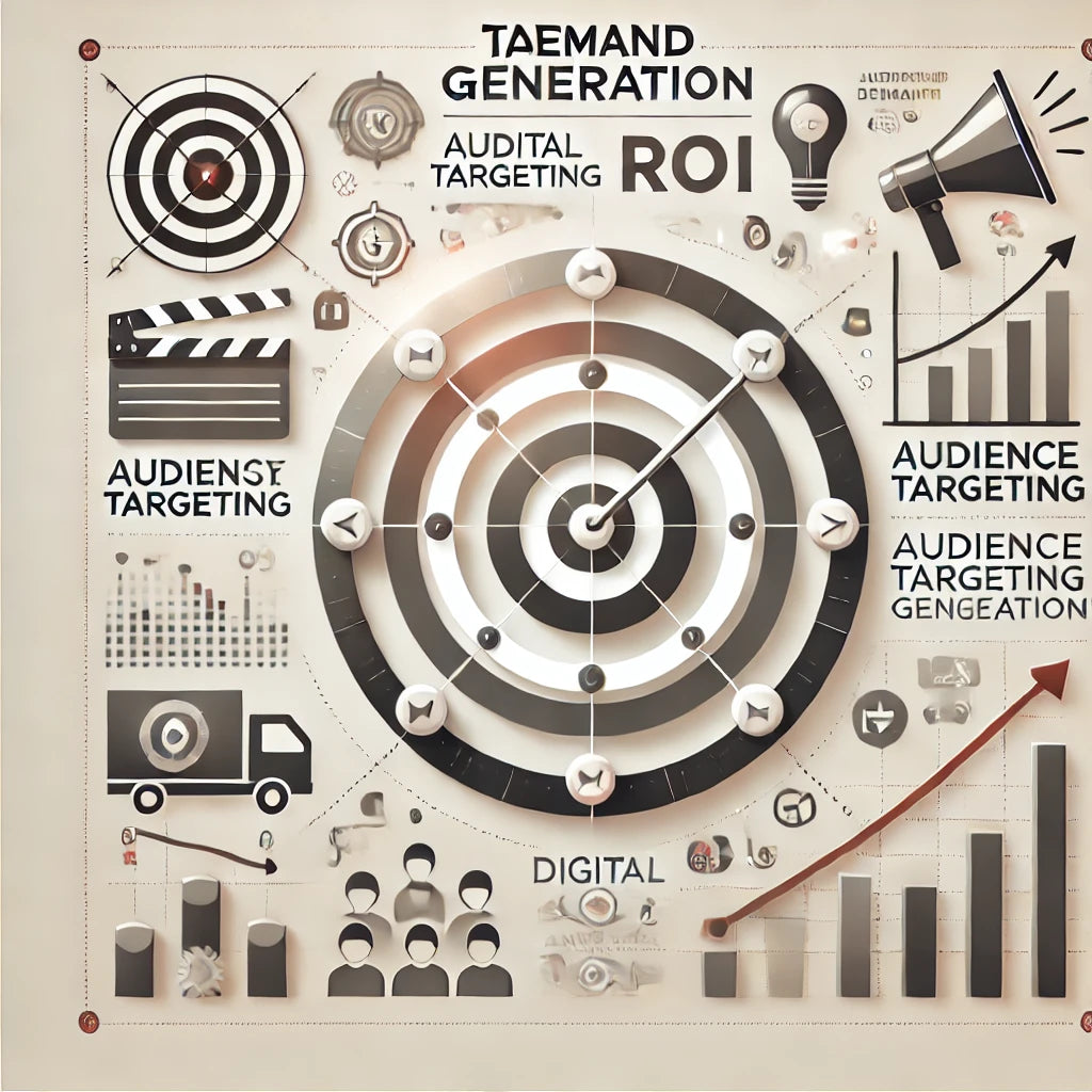 A minimalist illustration symbolizing targeted demand generation for the entertainment industry, featuring icons representing digital growth, audience targeting, and conversion. The design suggests a data-driven, ROI-focused approach to market expansion and customer engagement, aligning with growth goals in entertainment marketing.