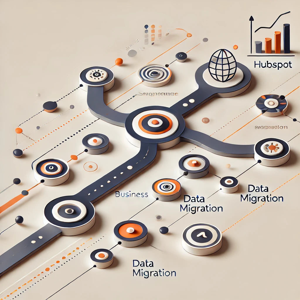 Modern minimalist graphic depicting a streamlined, seamless HubSpot migration, with abstract shapes symbolizing data flow, process integration, and growth. The design conveys efficiency, alignment, and business transformation in a professional and innovative style.