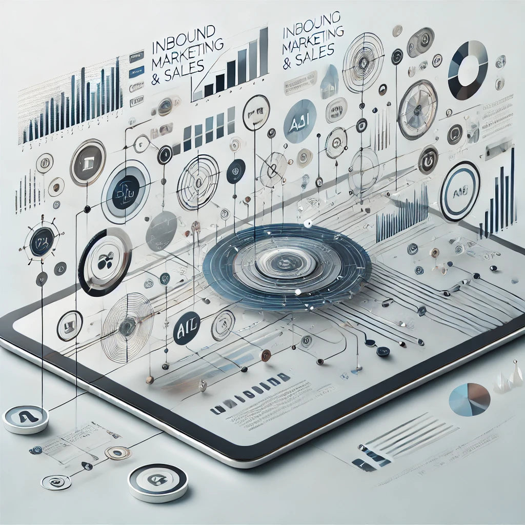 Minimalist graphic illustrating technology-driven inbound marketing and sales strategy for Robin Lee Innovations, emphasizing data-driven, AI-enabled solutions that enhance customer engagement and drive sustainable revenue growth.