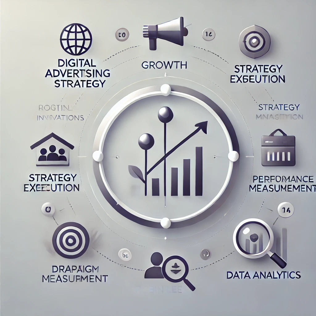 Modern graphic illustrating a strategic, data-driven approach to digital advertising optimization for revenue growth, highlighting key steps: strategy alignment, campaign execution, performance measurement, and optimization for maximum ROI. Perfect for businesses seeking impactful paid advertising solutions.