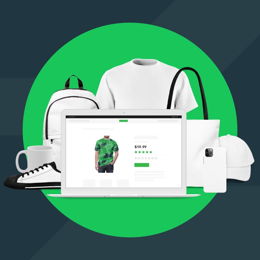 Printify promotional image showing blank shoe, coffee mug, backpack, tshirt, pillow, phone case, and hat ready to be custom printed. In front of the blank white apparel is a laptop compuster showing a Shopify retail store with custom design apparel on the screen.