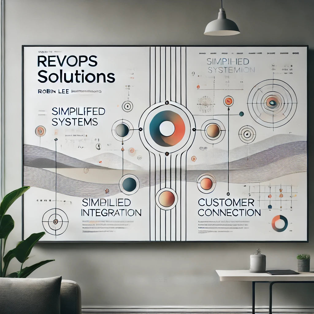 Minimalist graphic for Robin Lee Innovations' RevOps solutions page, featuring clean lines and simple shapes that represent streamlined systems, seamless integration, team collaboration, and sustainable growth. The high-tech design with vibrant accents aligns with themes of simplified technology and enhanced customer connections.