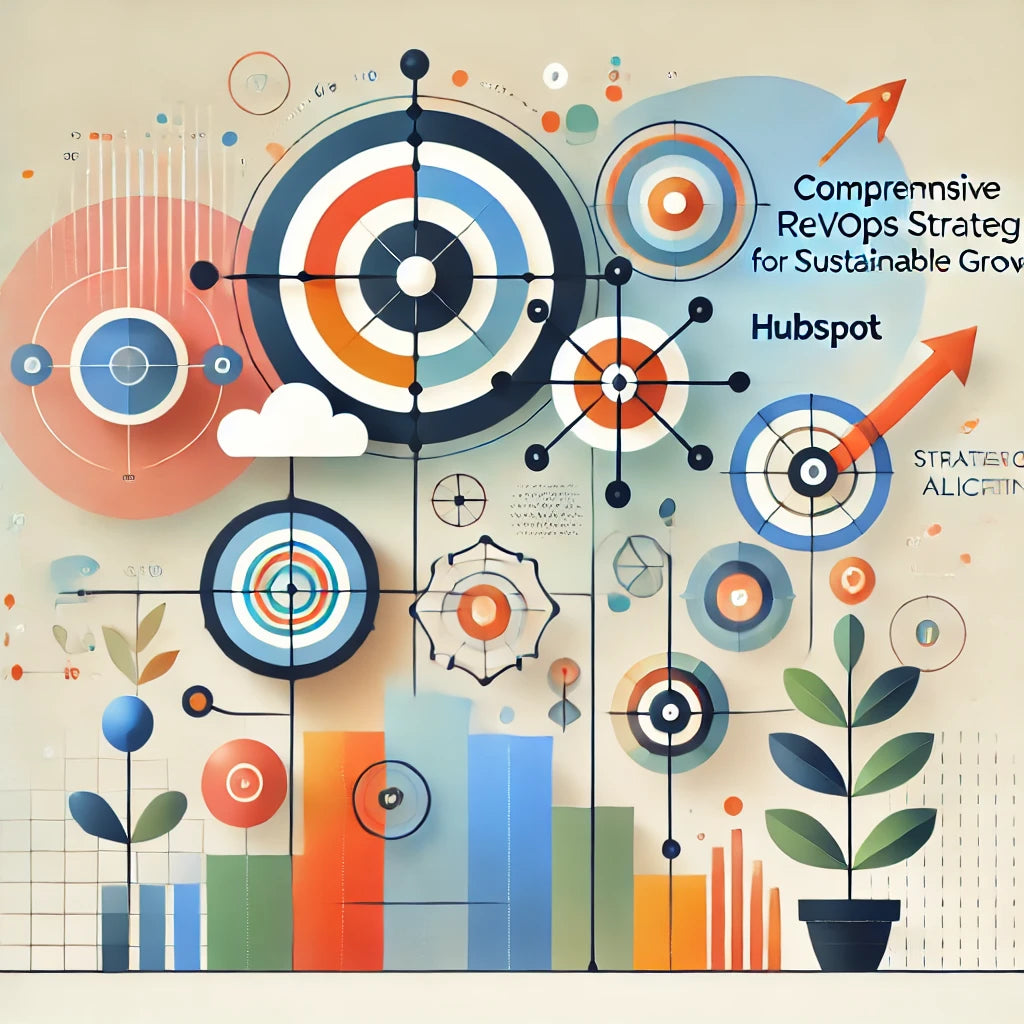 Minimalist graphic for the 'Comprehensive RevOps Strategy for Sustainable Growth' section on Robin Lee Innovations' RevOps page, featuring abstract shapes and connected elements symbolizing seamless integration, teamwork, and strategic alignment with HubSpot. The design reflects themes of efficiency, comprehensive strategy, and sustainable growth.