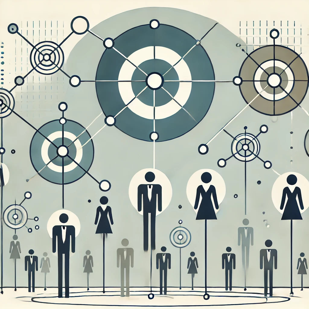 A minimalist illustration symbolizing targeted demand generation in the entertainment industry. Abstract figures are interconnected by dotted lines, representing strategic audience engagement and network growth, capturing a professional, modern feel.