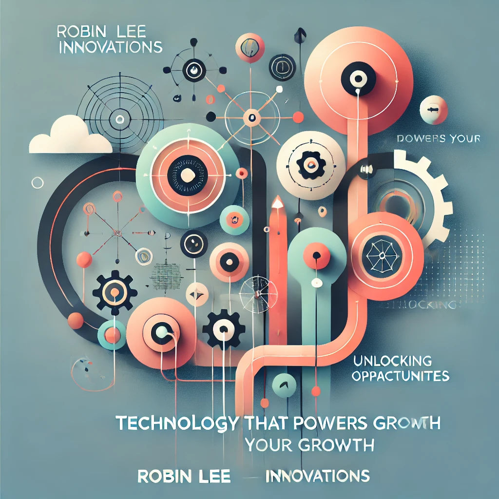 Minimalist graphic for the 'Technology That Powers Your Growth' section on Robin Lee Innovations' RevOps page, featuring abstract shapes and interconnected elements symbolizing growth, adaptability, and operational efficiency. The design reflects technology integration and the pursuit of strategic opportunities, aligned with a high-tech, modern aesthetic.