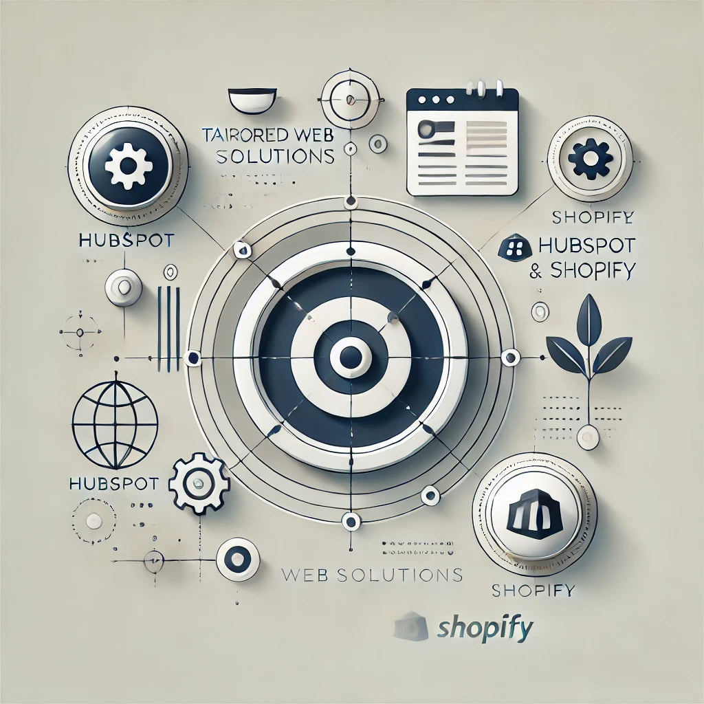 Minimalist graphic showcasing Robin Lee Innovations' expertise in HubSpot and Shopify web design, highlighting tailored CMS solutions that drive traffic, boost conversions, and accelerate business growth.