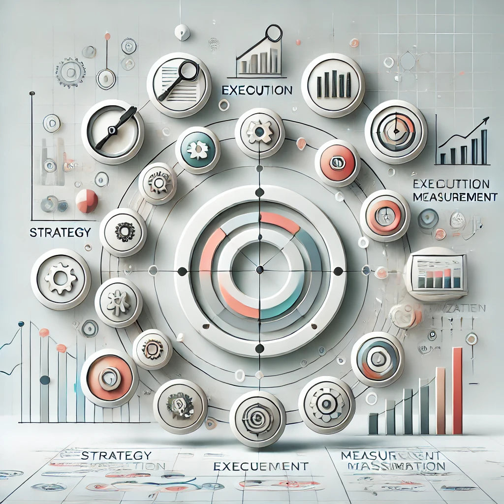 Modern, minimalist visual representing Robin Lee Innovations' tailored web design approach: strategic planning, cross-functional execution, performance measurement, and continuous optimization for enhanced user experience and revenue growth.